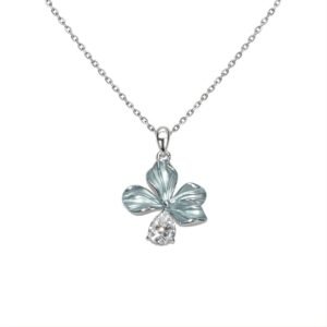 Sterling silver floral pendant with blue petals and a dangling clear cubic zirconia crystal.