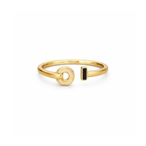 S925 gold-plated open ring with circle motif and black enamel bar