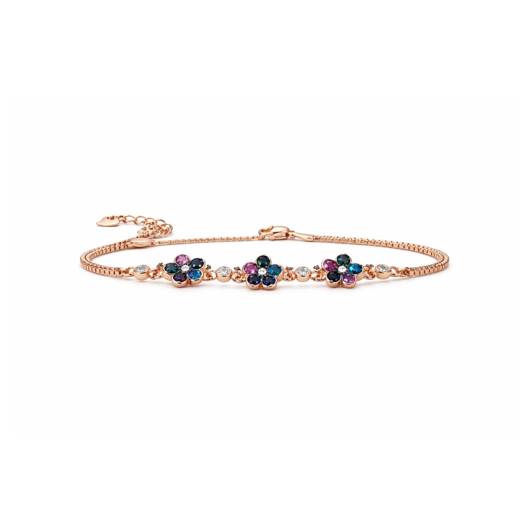 Rose gold-plated S925 floral station bracelet with multicolor stones
