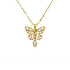 Gold plated sterling silver butterfly pendant with white enamel wings and a cubic zirconia drop.