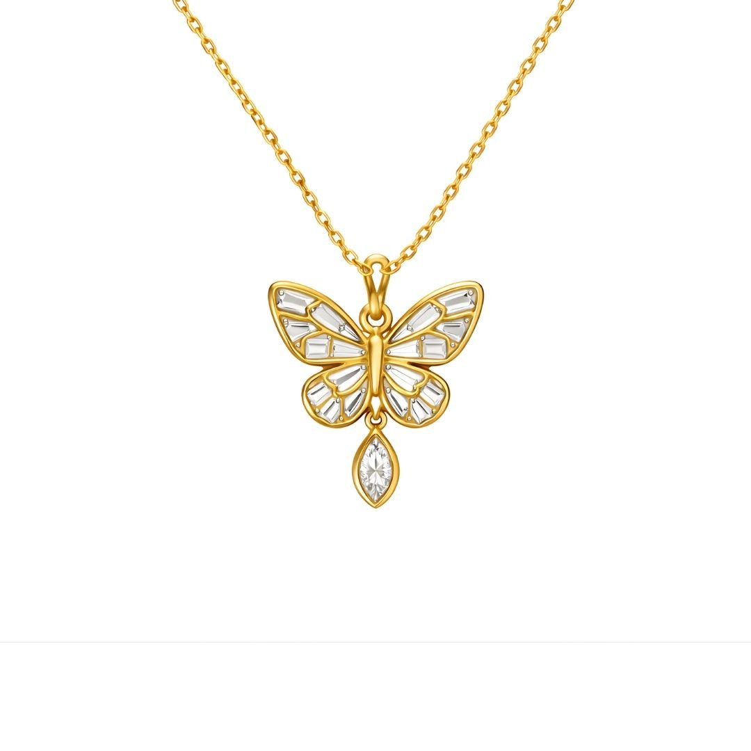 Gold plated sterling silver butterfly pendant with white enamel wings and a cubic zirconia drop.