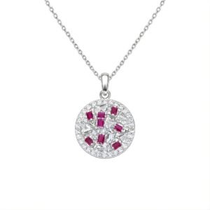 Sterling silver round pendant with red rubies and sparkling cubic zirconia.